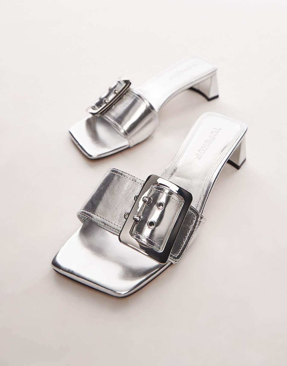 Topshop Ila heeled mules with buckle in silver