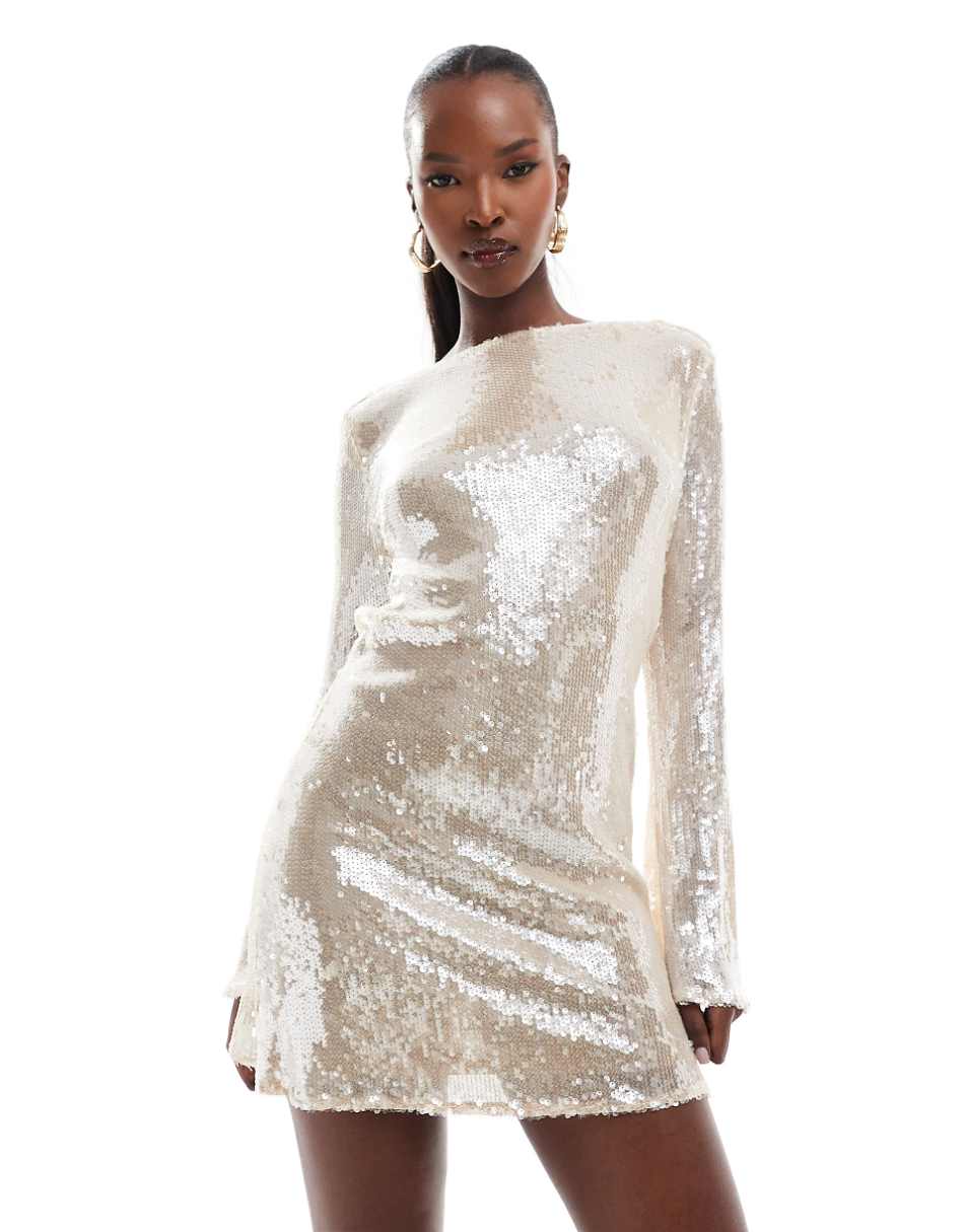 Rare London shiny sequin cowl back mini dress in champagne