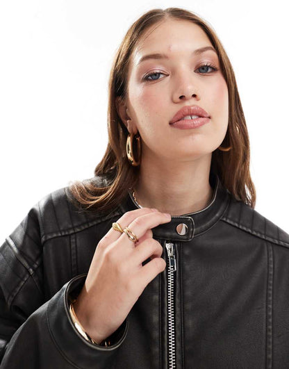 Miss Selfridge washed longline moto jacket in black