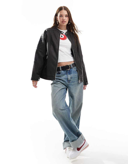 Miss Selfridge washed longline moto jacket in black