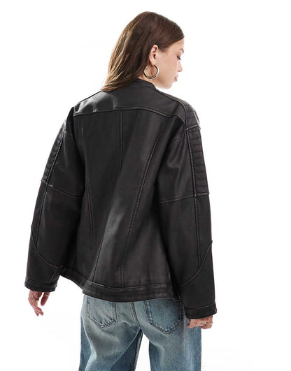 Miss Selfridge washed longline moto jacket in black