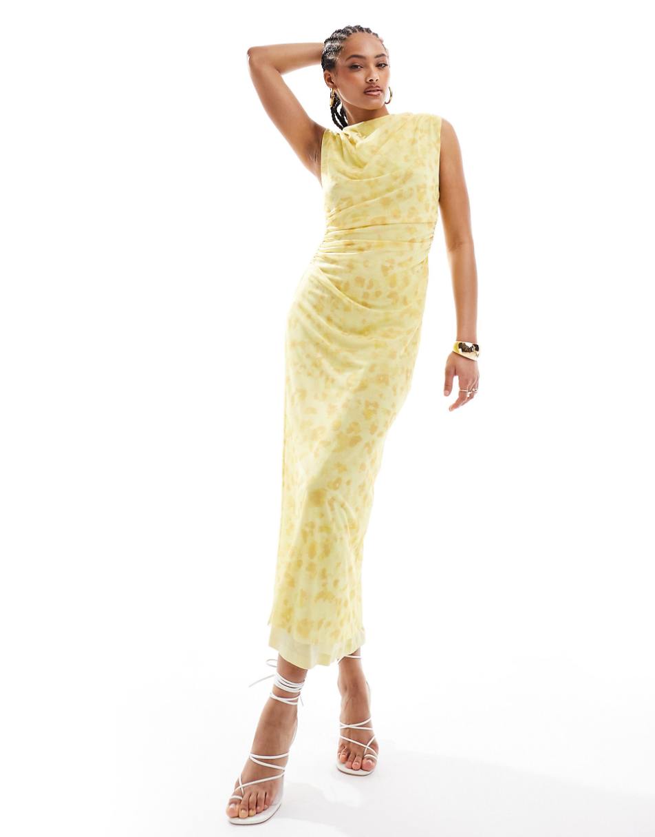 & Other Stories mesh midi dress with drape detail in yellow floral print