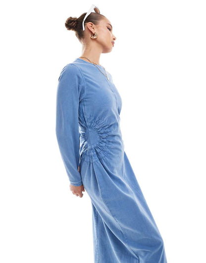 ASOS DESIGN washed twill midi dress with circle side detail in denim blue acid wash