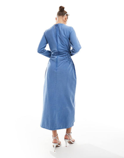 ASOS DESIGN washed twill midi dress with circle side detail in denim blue acid wash