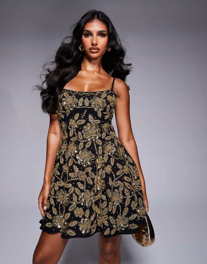 ASOS LUXE floral embellished cage skirt mini dress in black