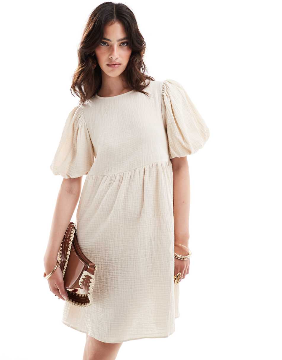 ASOS DESIGN double cloth mini smock dress with puff ball sleeves in white