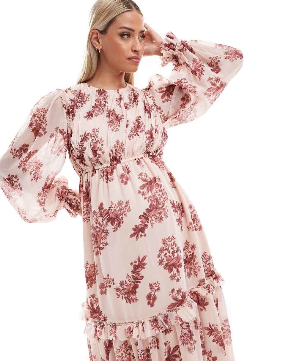 ASOS DESIGN Maternity frill tiered hem maxi dress in pink floral