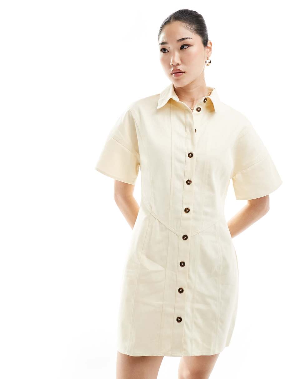 ASOS DESIGN mini twill shirt dress with seaming detail in stone