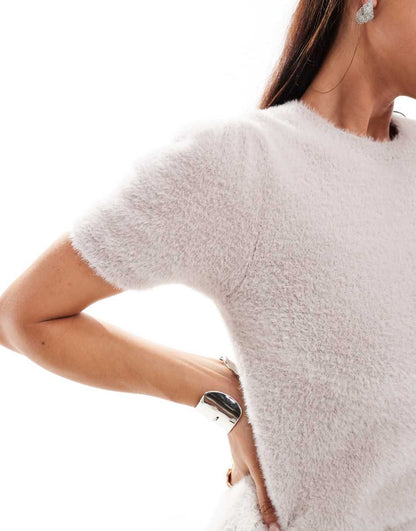 Miss Selfridge eyelash knit short sleeve top in mushroom