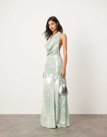 ASOS EDITION allover sequin deep cowl neck maxi dress in mint stripe print