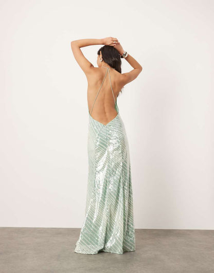ASOS EDITION allover sequin deep cowl neck maxi dress in mint stripe print