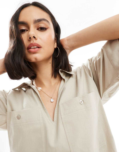 Pretty Lavish utility mini shirt dress in stone