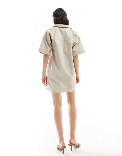 Pretty Lavish utility mini shirt dress in stone