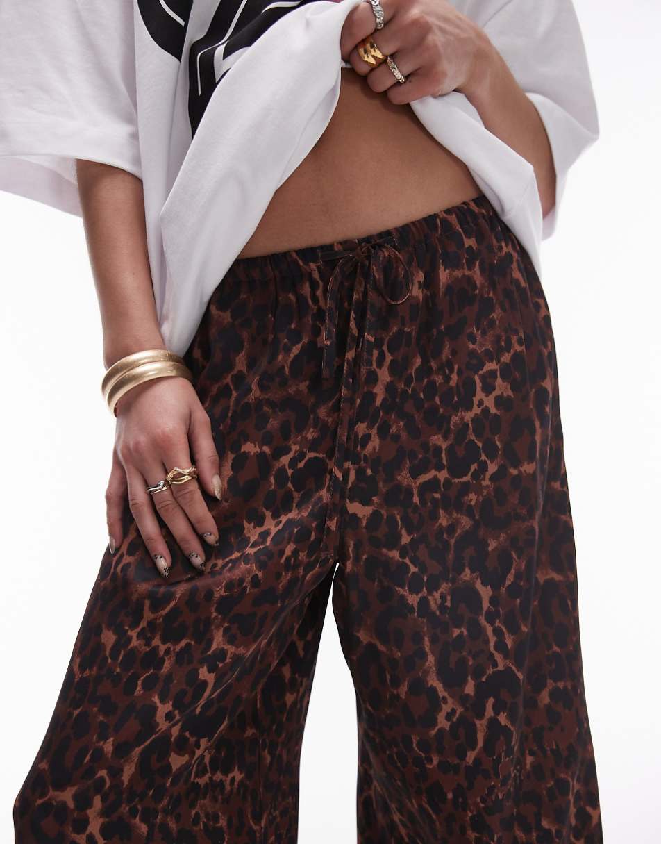 Topshop leopard print satin straight leg tie waist pants in light leopard