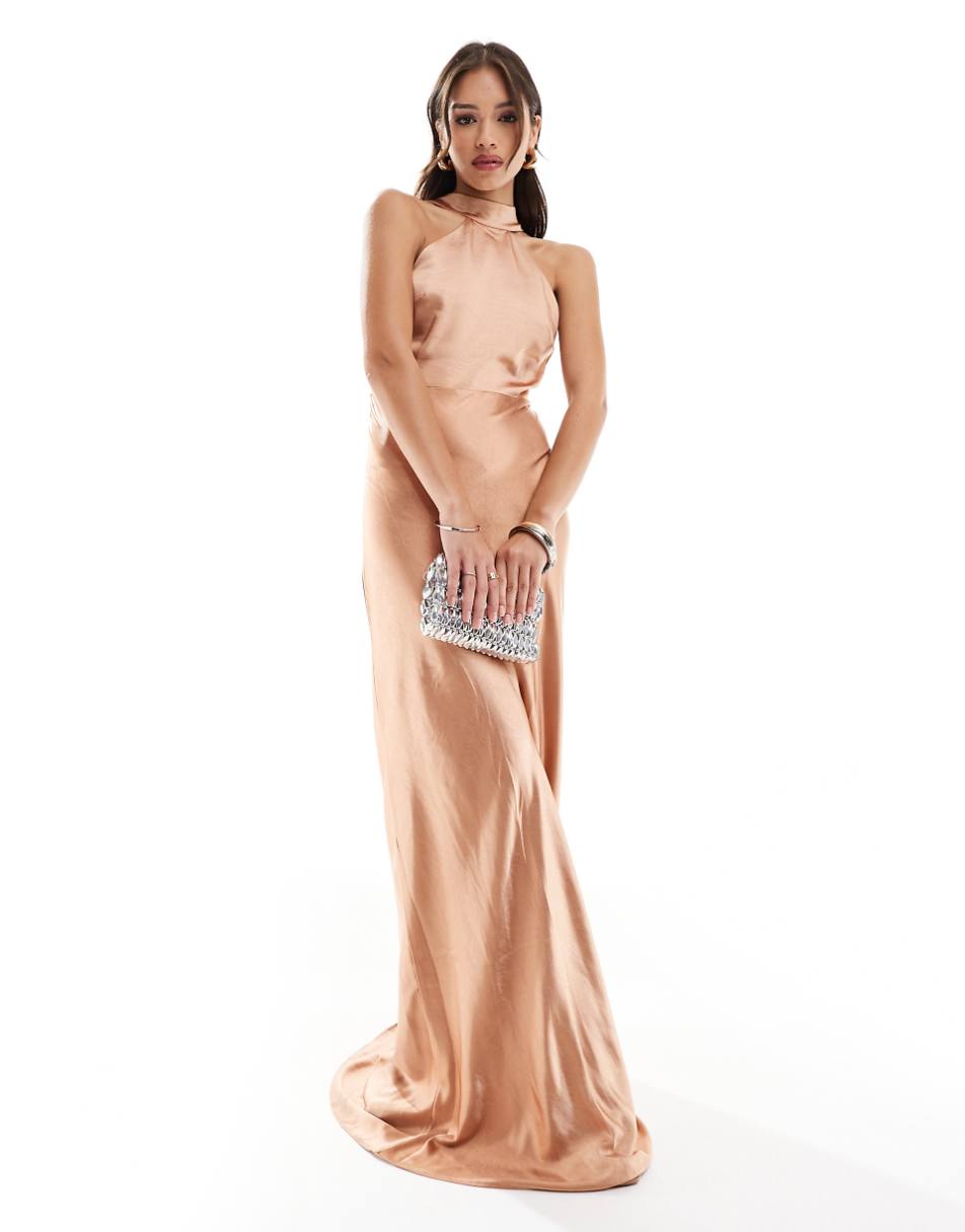 Six Stories Bridesmaid satin halter maxi dress in burnt peach - part of a set