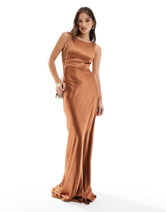 Six Stories Bridesmaid satin cowl back maxi dress in rust