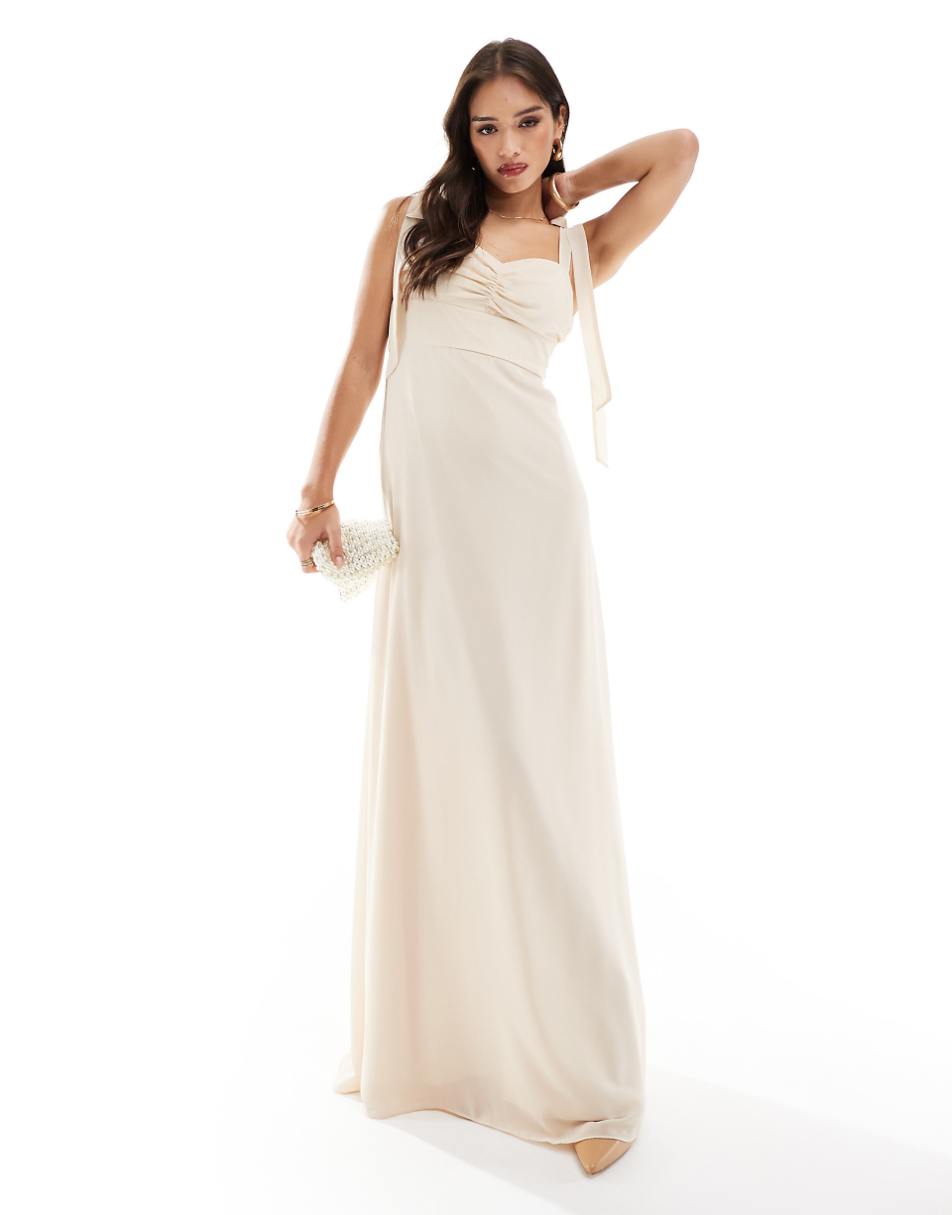 Six Stories Bridesmaid bow shoulder chiffon maxi dress in champagne