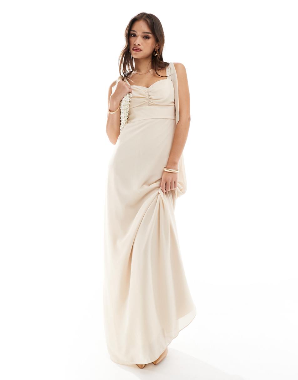 Six Stories Bridesmaid bow shoulder chiffon maxi dress in champagne