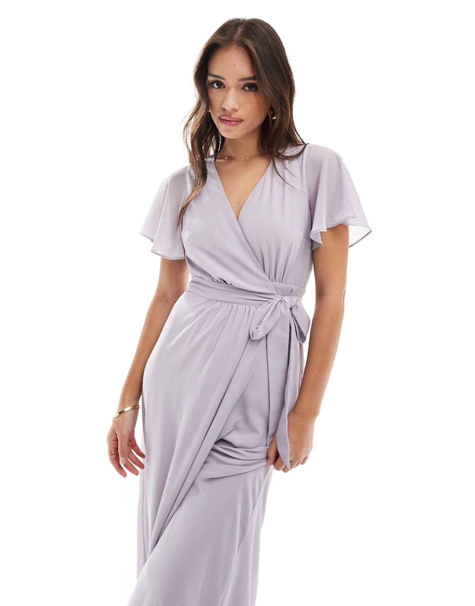 Six Stories Bridesmaid flutter sleeve chiffon maxi dress in lilac