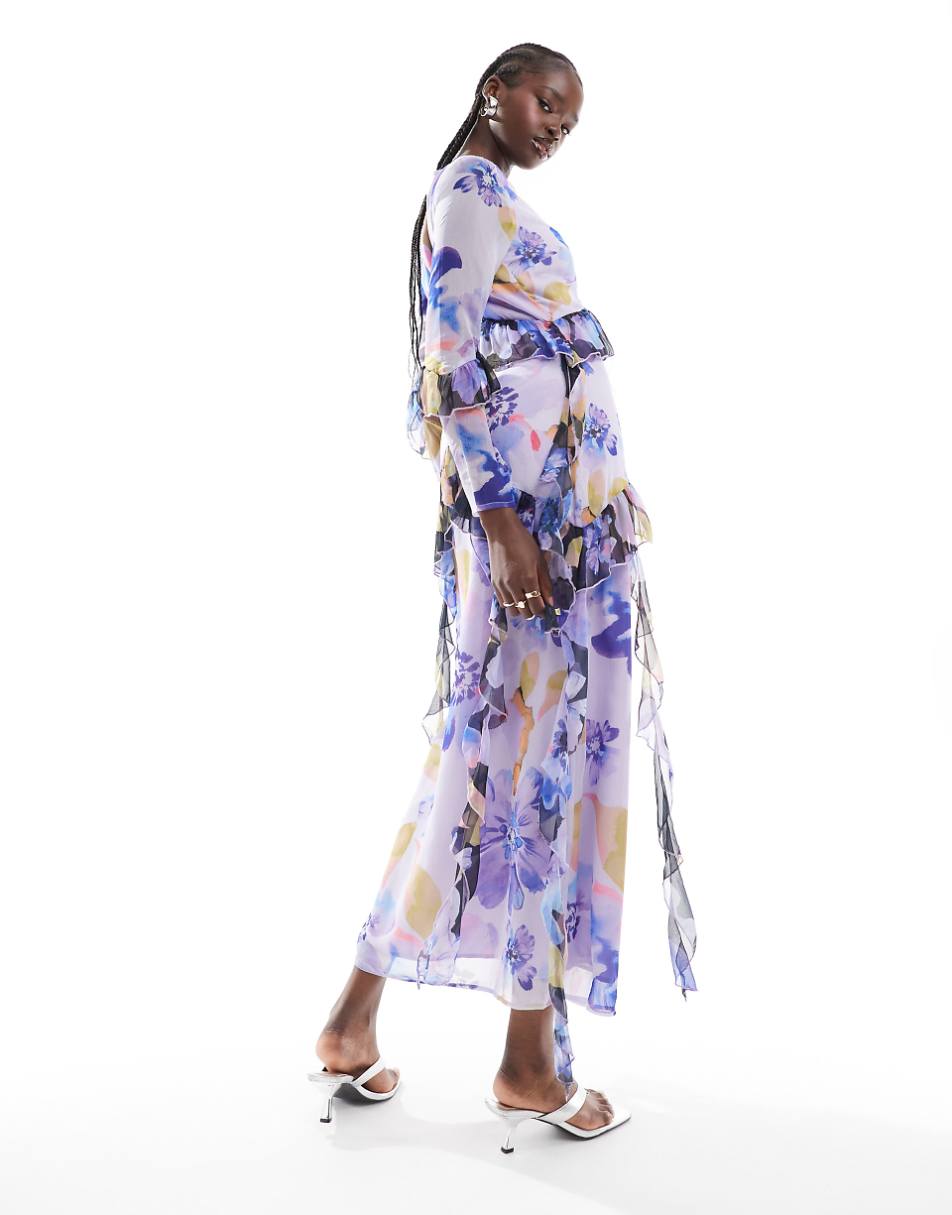 ASOS DESIGN chevron ruffle maxi dress in mixed purple floral print