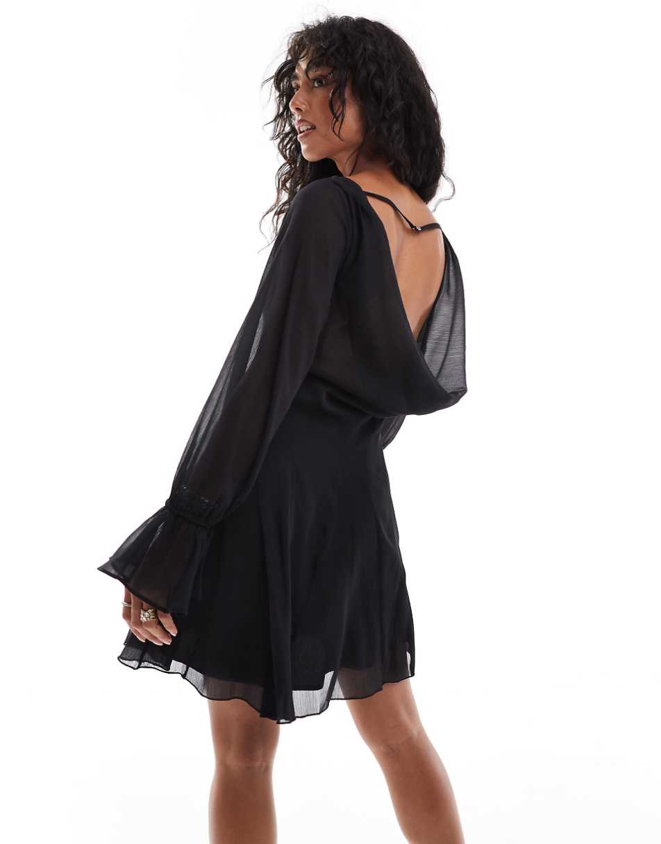 ASOS DESIGN long sleeve cowl back mini dress with flares in black