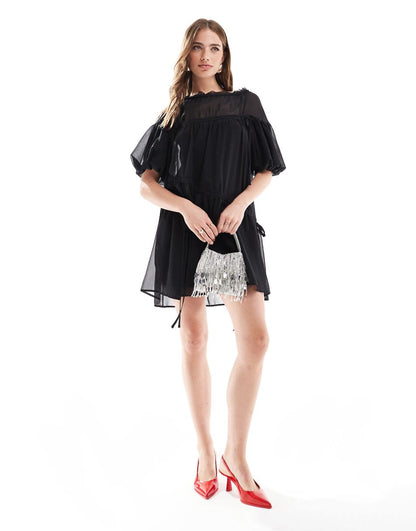 ASOS DESIGN oversized mini smock dress with ruched channel details in black