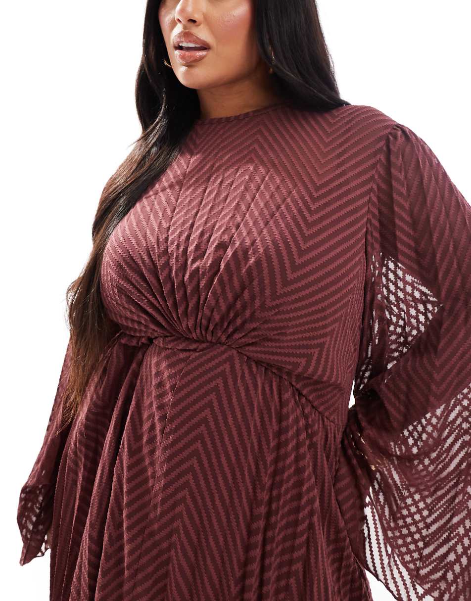 ASOS DESIGN Curve tie back fluted sleeve pleated chevron chiffon midi dress in burgundy