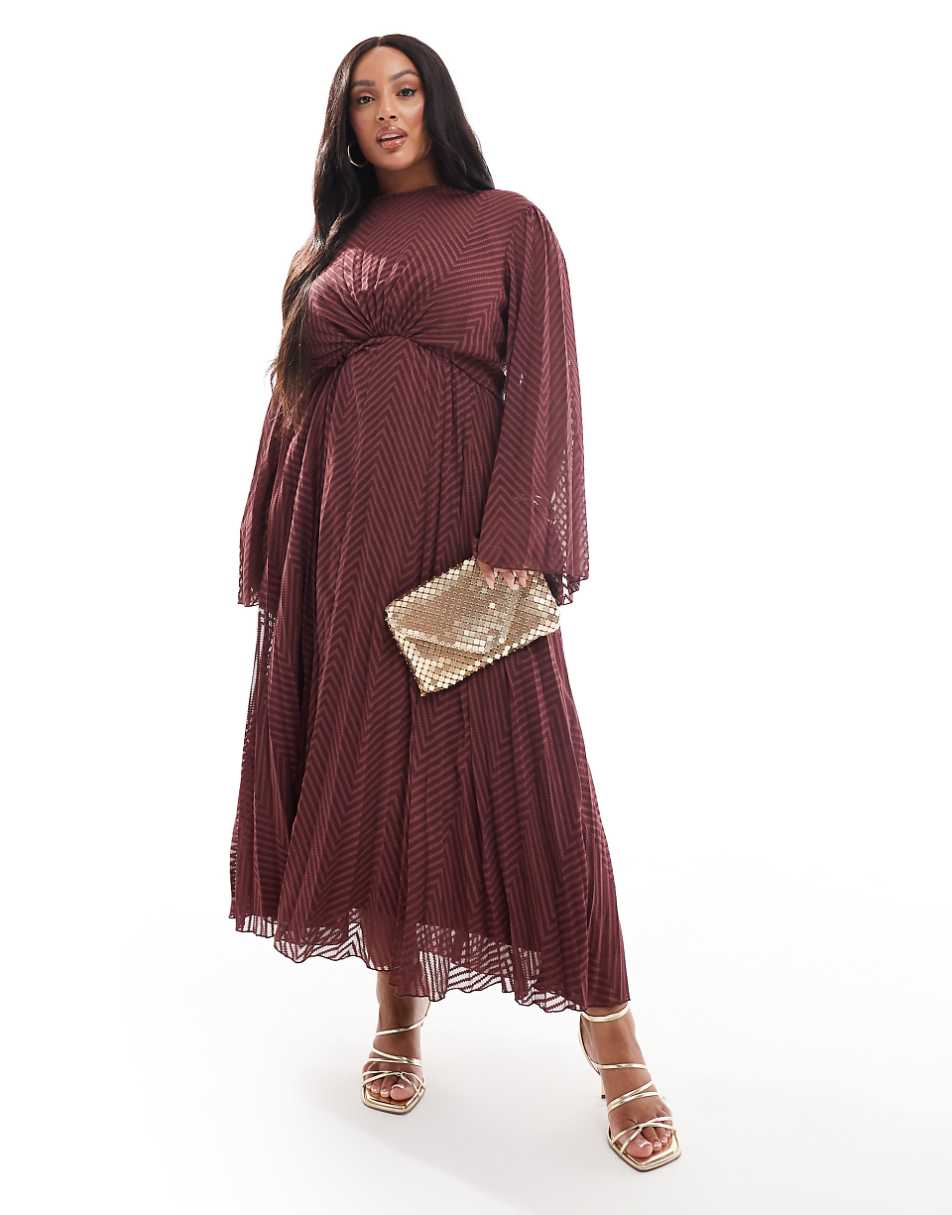 ASOS DESIGN Curve tie back fluted sleeve pleated chevron chiffon midi dress in burgundy