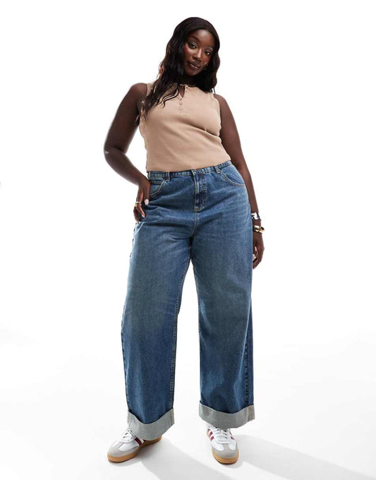 ASOS DESIGN Curve loose jeans with deep turn up cuff in mid blue