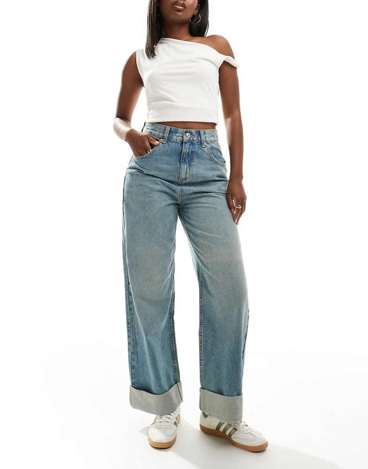 ASOS DESIGN loose jeans with deep turn up cuff in pale wash