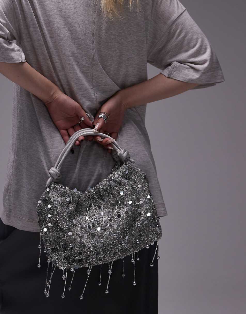 Topshop Giami beaded grab bag with satin handle in silver