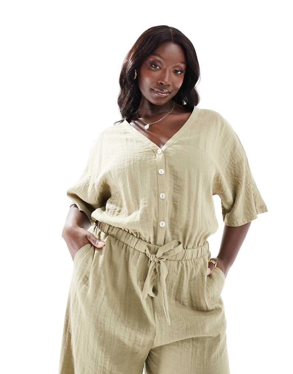 Pretty Lavish Curve balloon sleeve shirred jumpsuit in olive