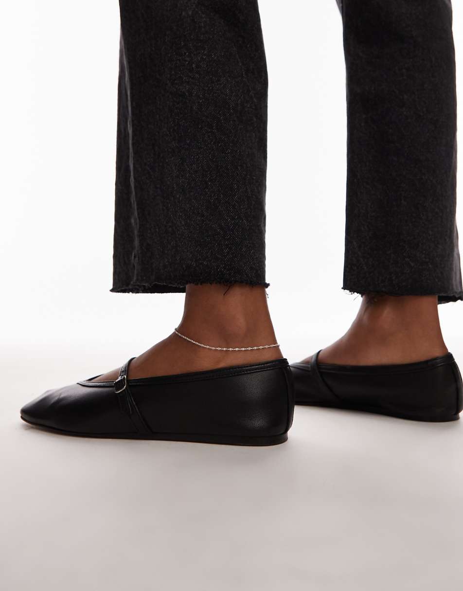 Topshop Babette leather v detail ballet flats in black