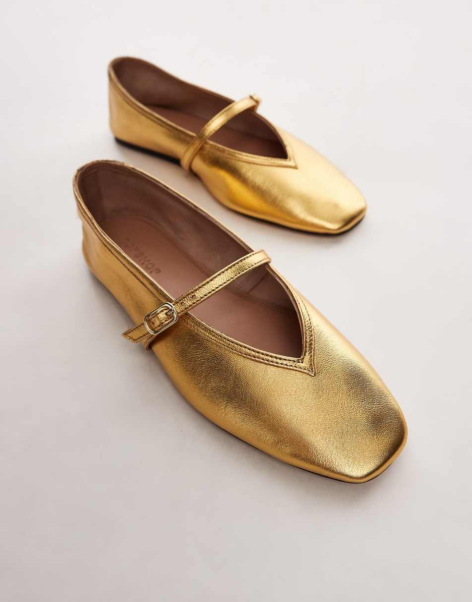 Topshop Babette leather v detail ballet flats in gold