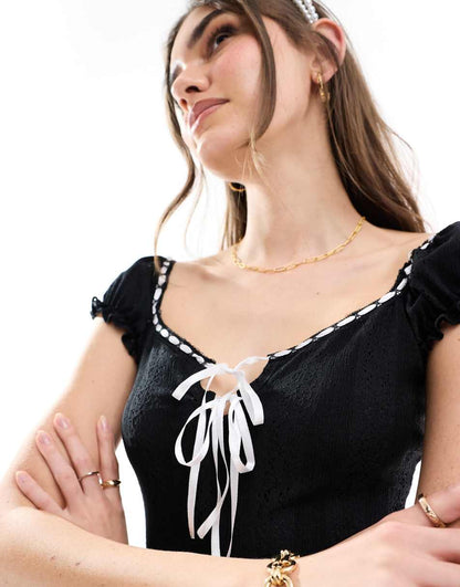 Miss Selfridge milkmaid mini dress with contrast ribbons in black