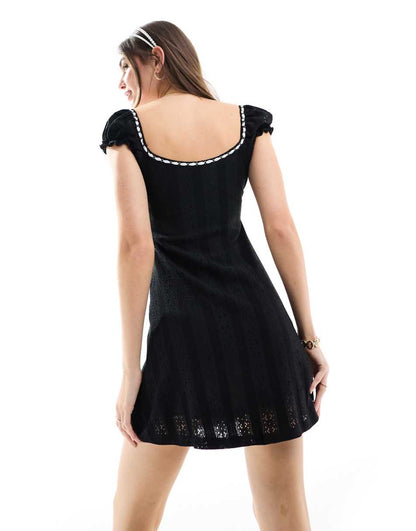 Miss Selfridge milkmaid mini dress with contrast ribbons in black