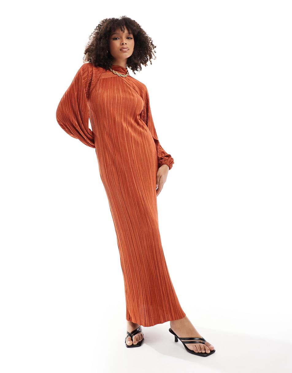 ASOS DESIGN modesty plisse wrap neck long sleeve maxi dress in rust