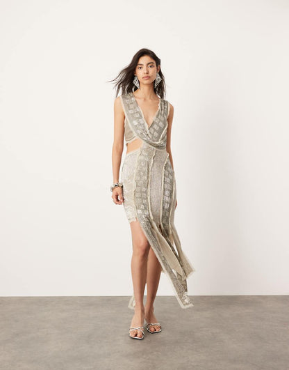 ASOS EDITION embellished spliced raw edge asymmetric midi dress in silver