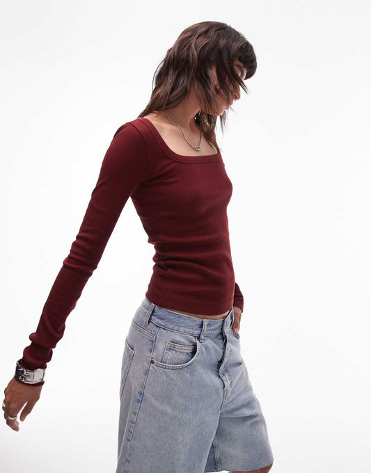 Topshop square neck long sleeve top in burgundy