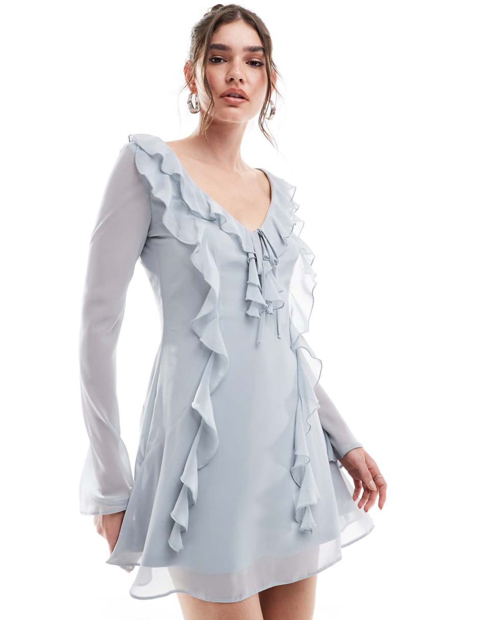 ASOS DESIGN long sleeve frill mini dress with tendrils in silver