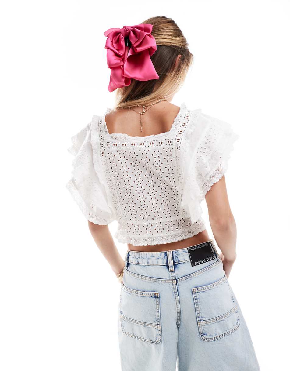 Miss Selfridge festival eyelet lace trim angel sleeve top in ivory