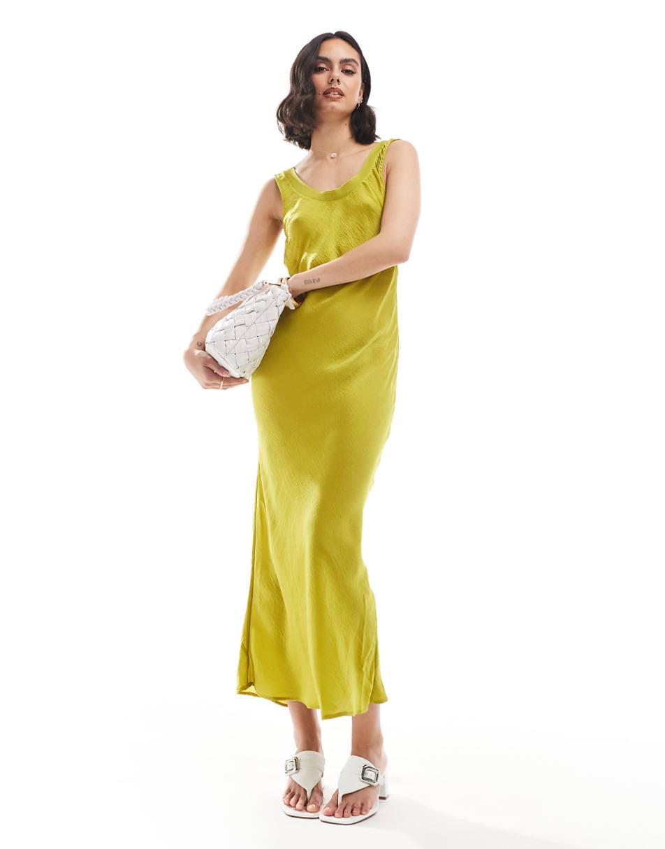 ASOS DESIGN bias cut slip midi dress with ribbed neck in chartruese