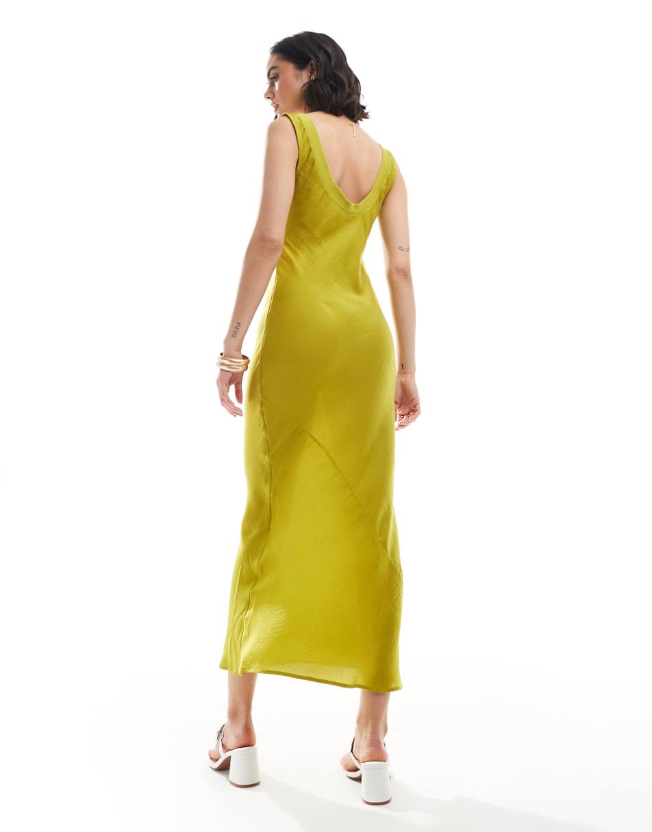 ASOS DESIGN bias cut slip midi dress with ribbed neck in chartruese