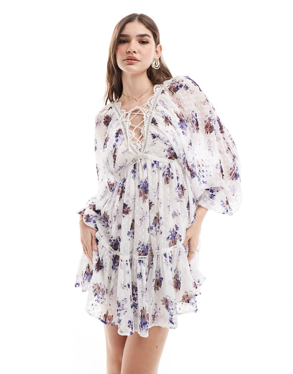 ASOS DESIGN lace trim plunge batwing mini dress with peplum hem in textured white floral