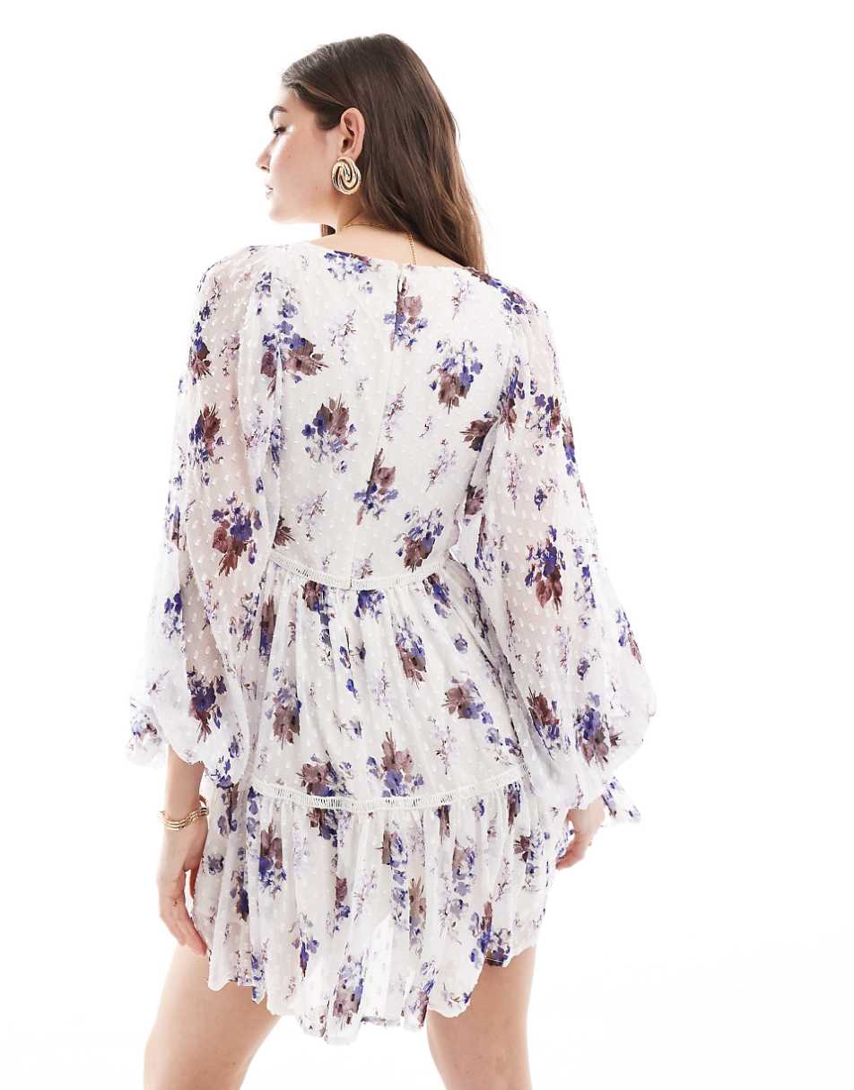 ASOS DESIGN lace trim plunge batwing mini dress with peplum hem in textured white floral