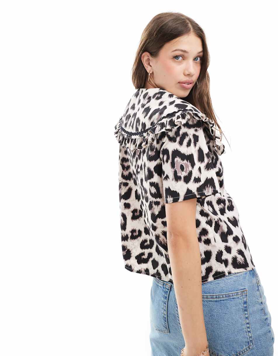 ASOS DESIGN collar detail short sleeve shirt in animal print