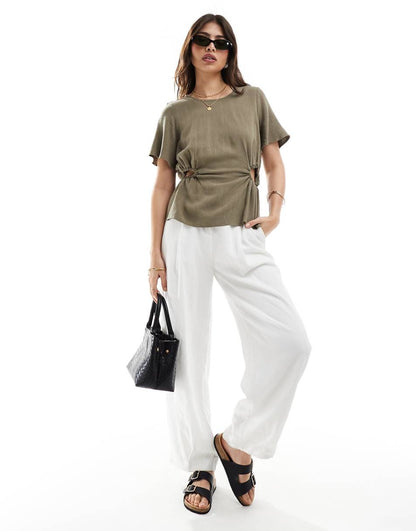 ASOS DESIGN linen look tee with cut-out in khaki