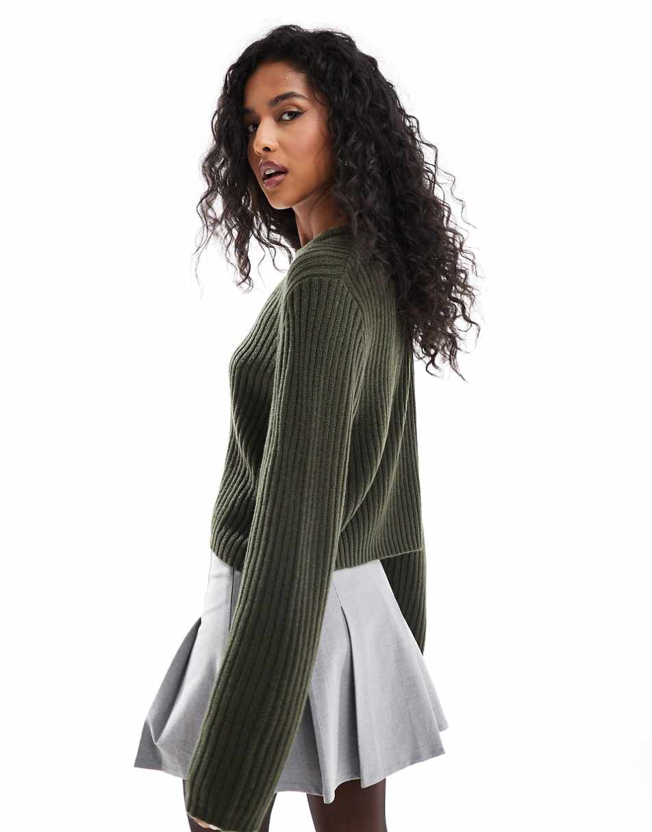 ASOS DESIGN crew neck sweater in rib in khaki