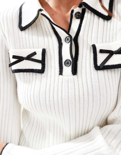 Miss Selfridge rib knit contrast polo collar flippy dress in cream