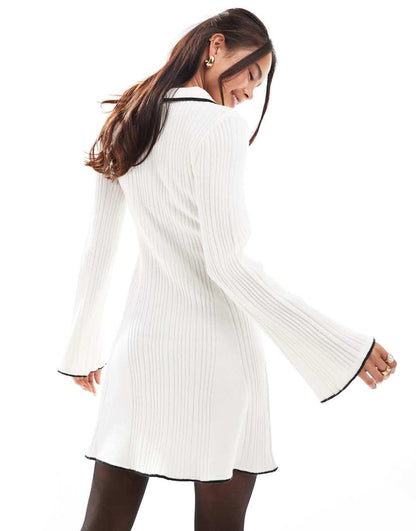 Miss Selfridge rib knit contrast polo collar flippy dress in cream